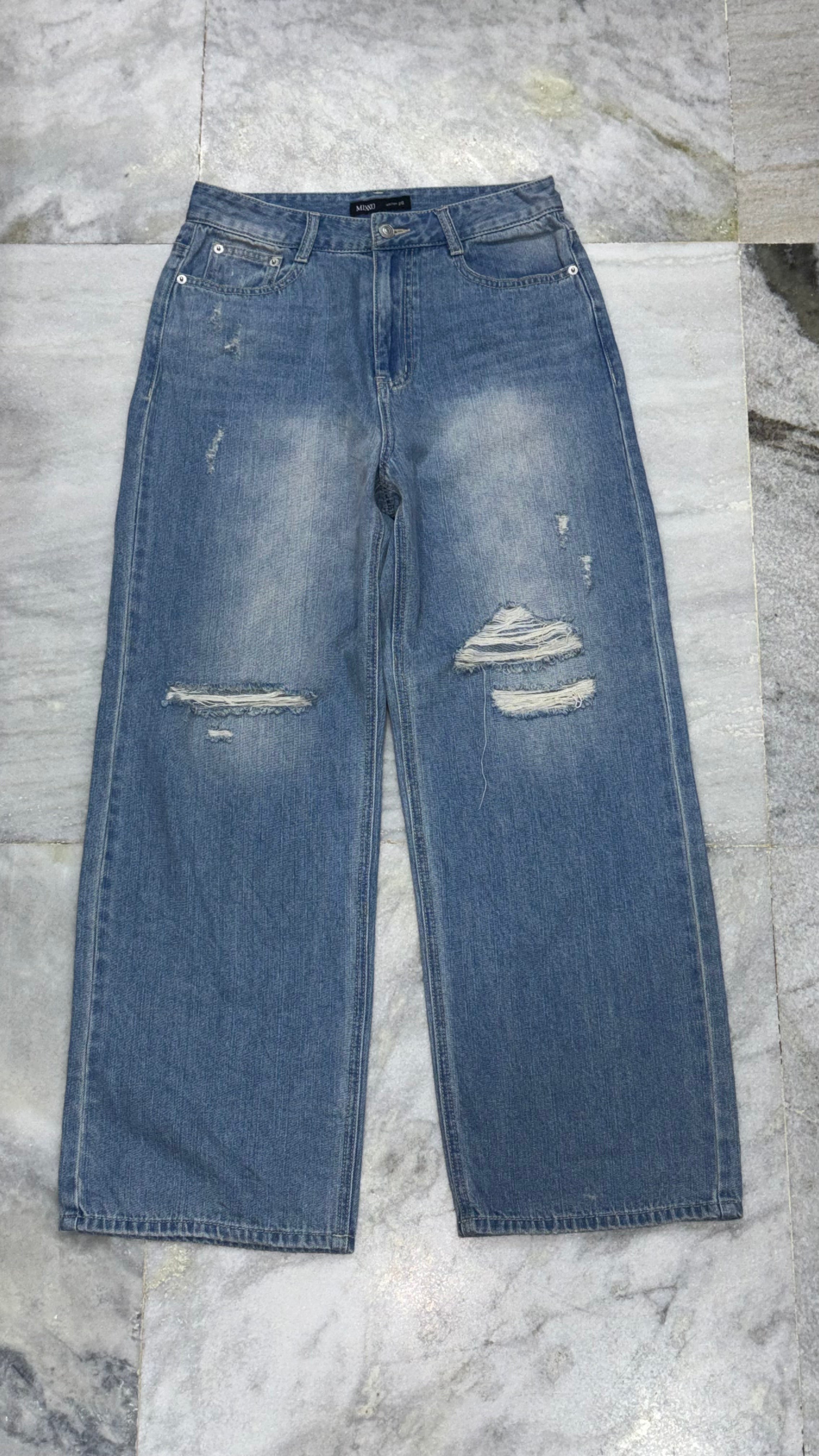 Distressed Tone Light Wash Wide-Leg Denim Jeans