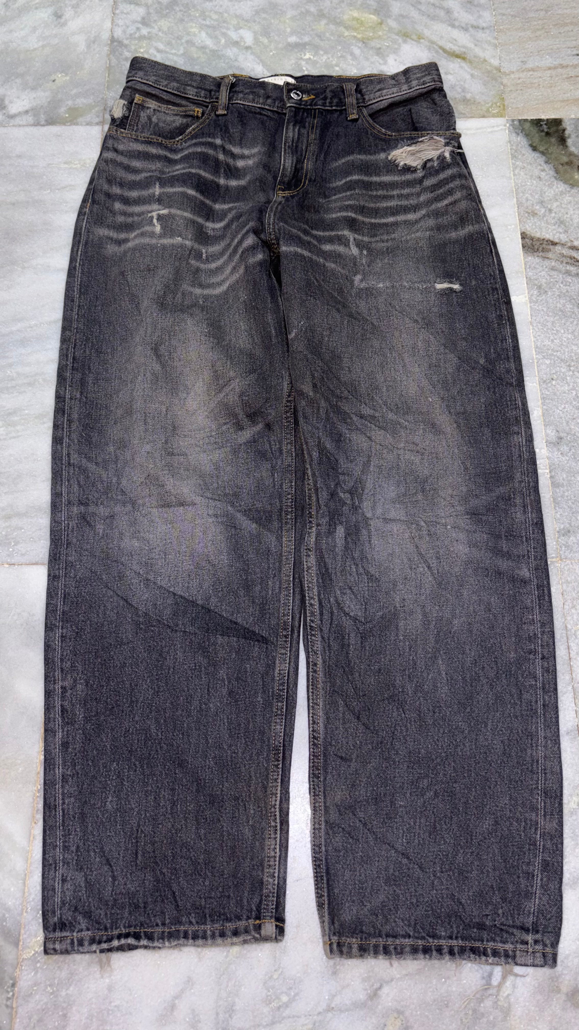 Distressed Vintage Black Wide-Leg Denim