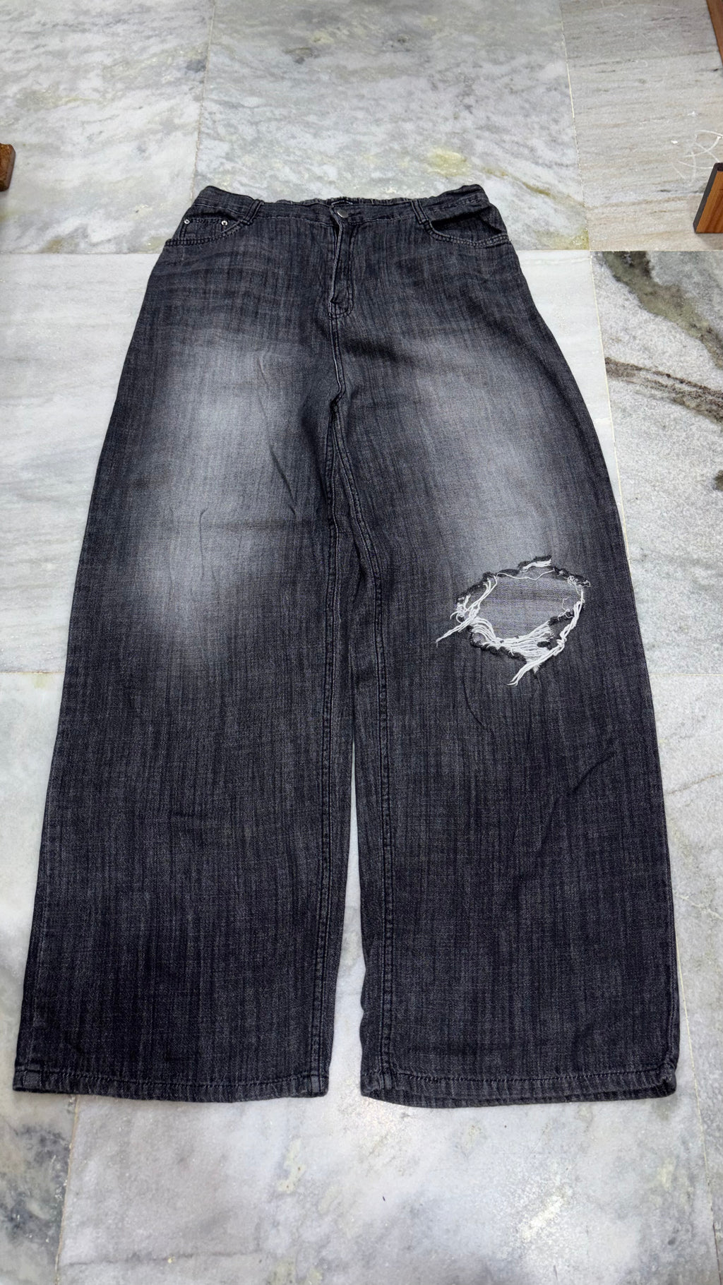 Distressed Two-Tone Wide-Leg Denim