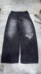 Distressed Two-Tone Wide-Leg Denim