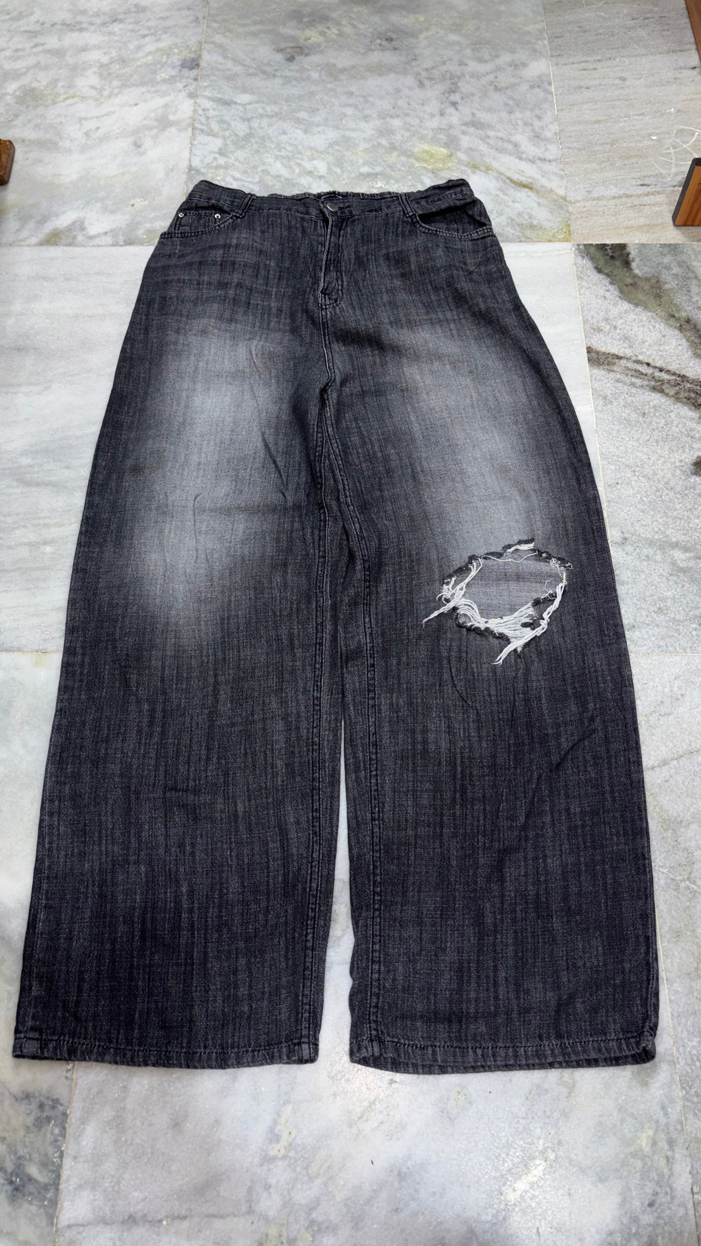 Distressed Two-Tone Wide-Leg Denim