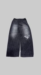 Distressed Two-Tone Wide-Leg Denim