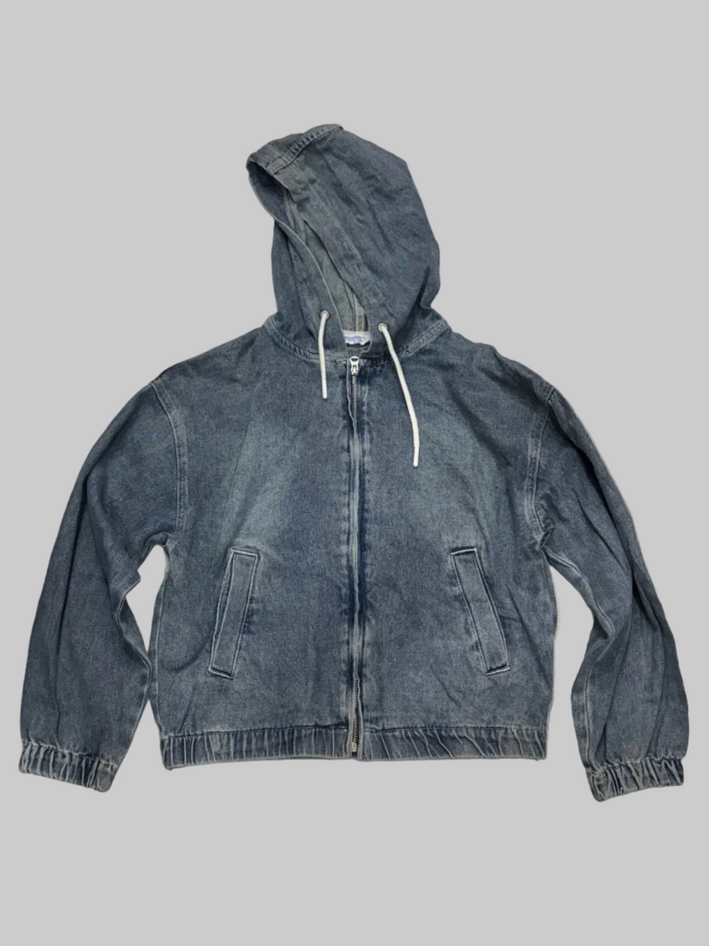 Trendy Acid-Wash Denim Zip-Up Hoodie size(M)