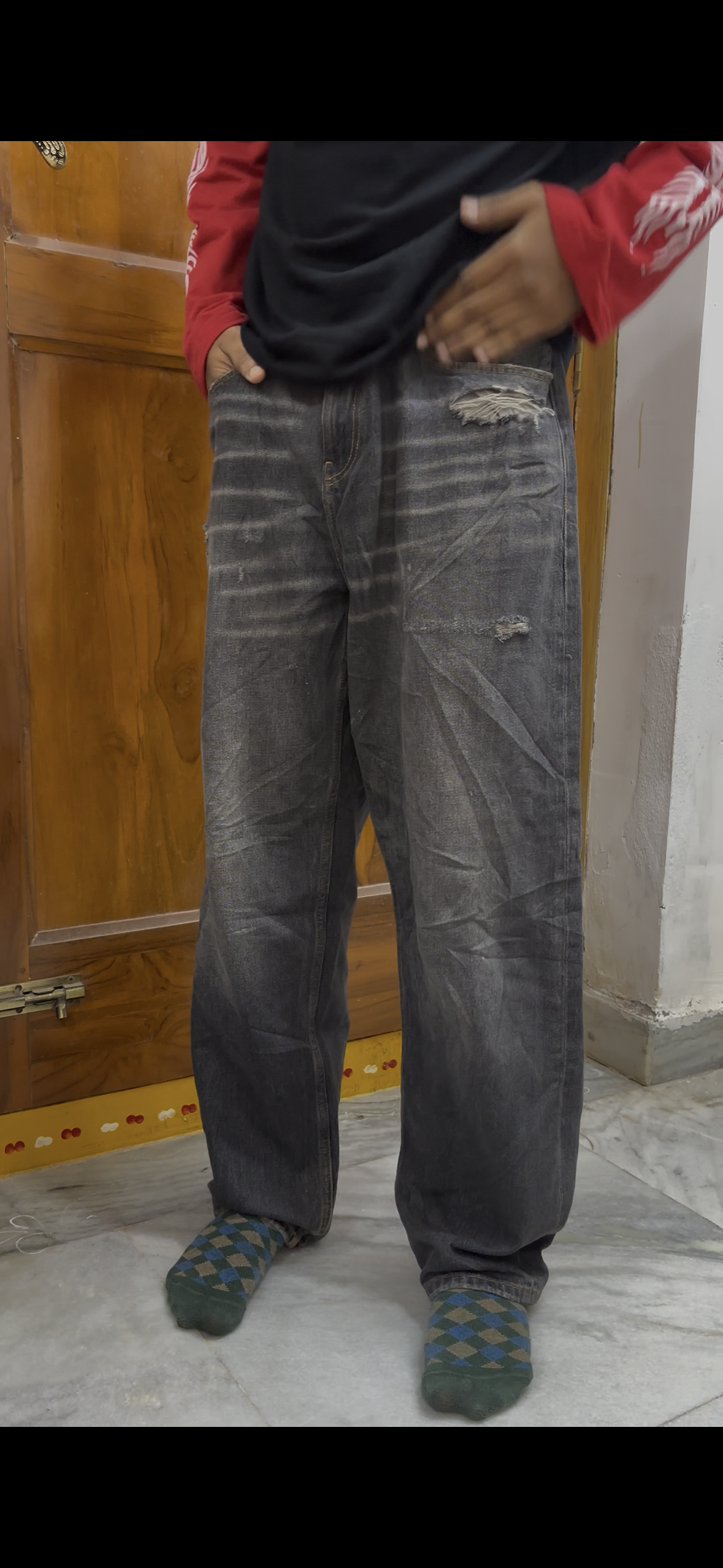 Distressed Vintage Black Wide-Leg Denim