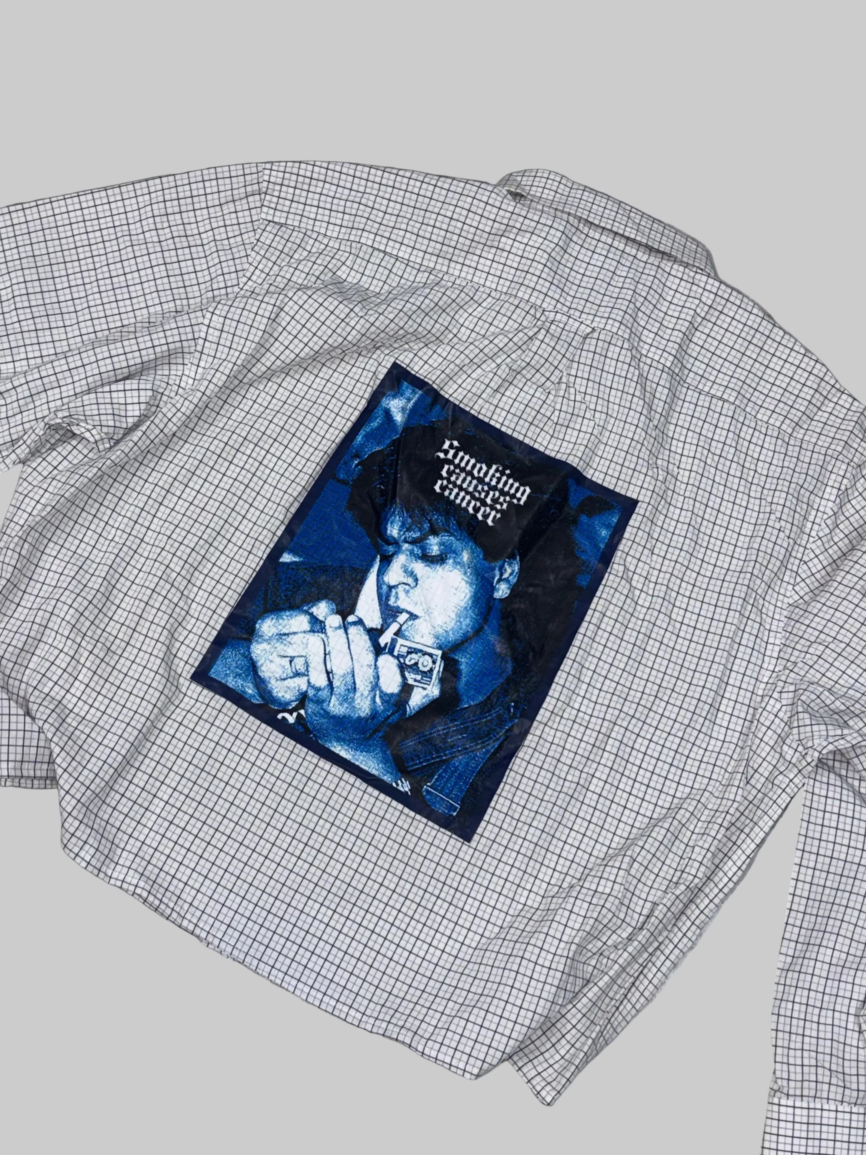 Grunge Checkered Boxy Shirt with Blue Portrait Print