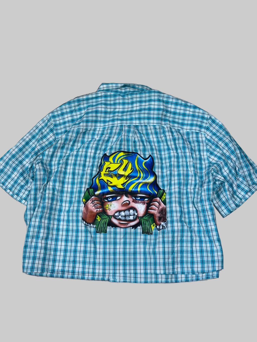 Teal Checkered Boxy Shirt with Money Graffiti Back Print