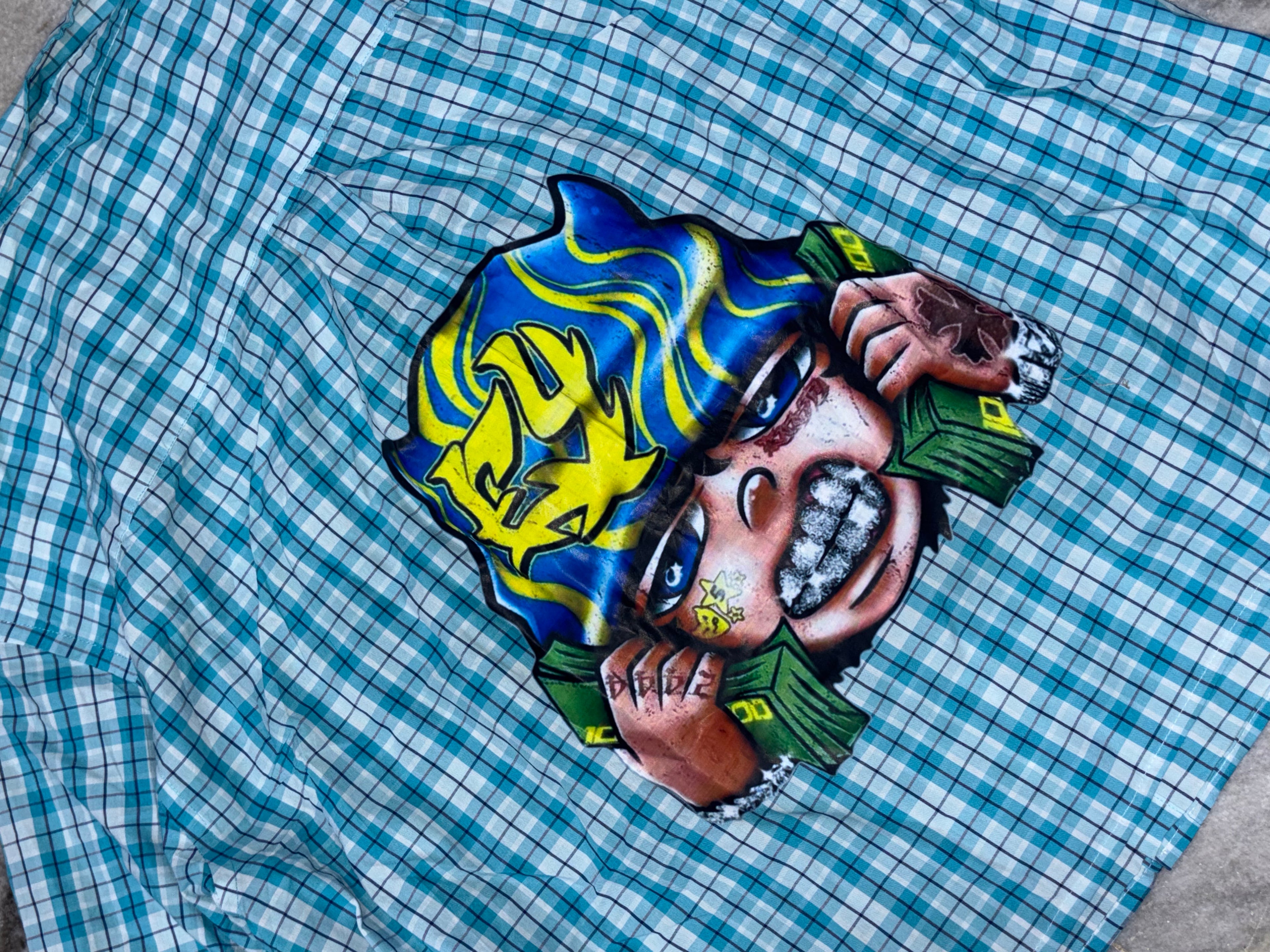 Teal Checkered Boxy Shirt with Money Graffiti Back Print