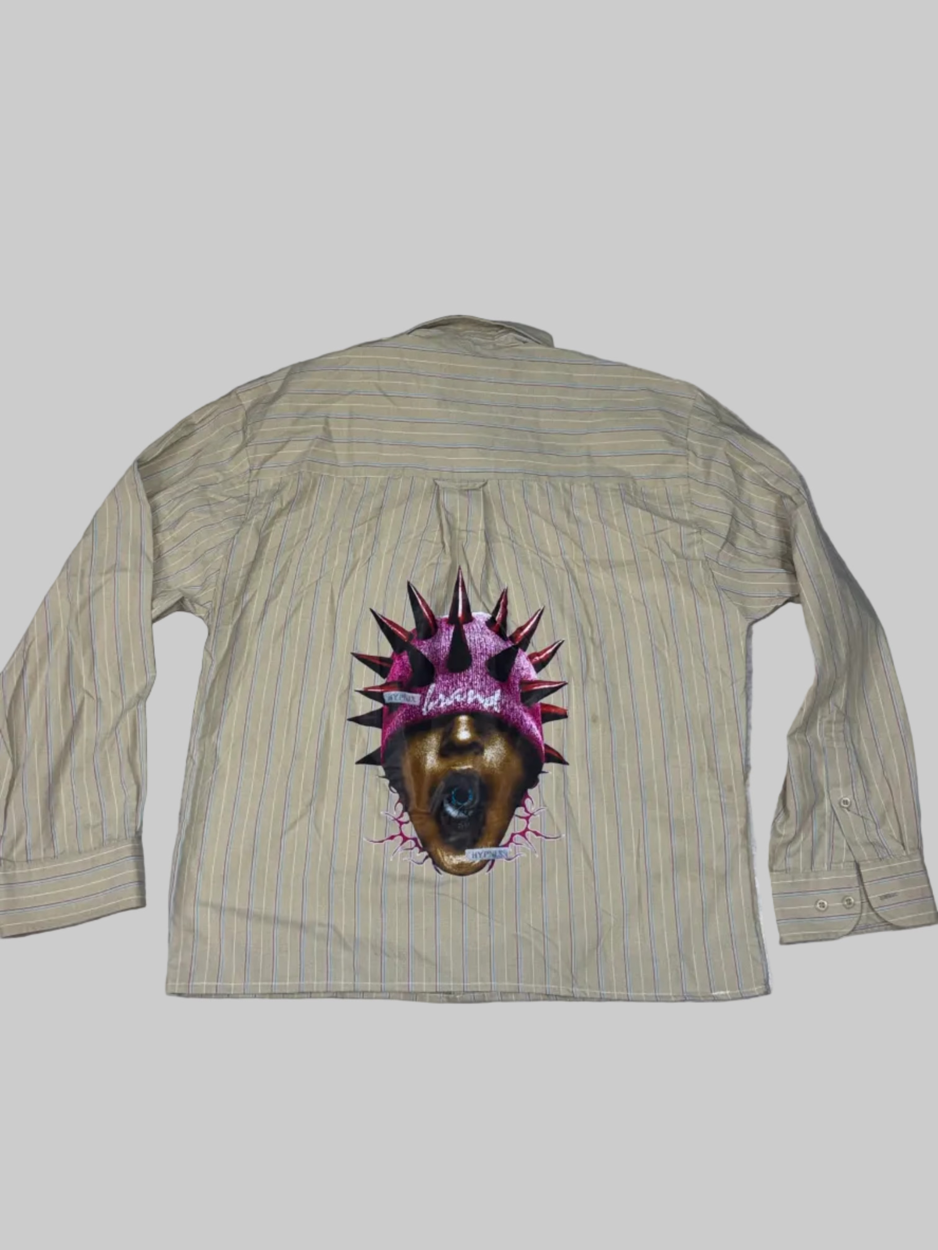 Striped Boxy Shirt with Spiked Mask Portrait Back Print