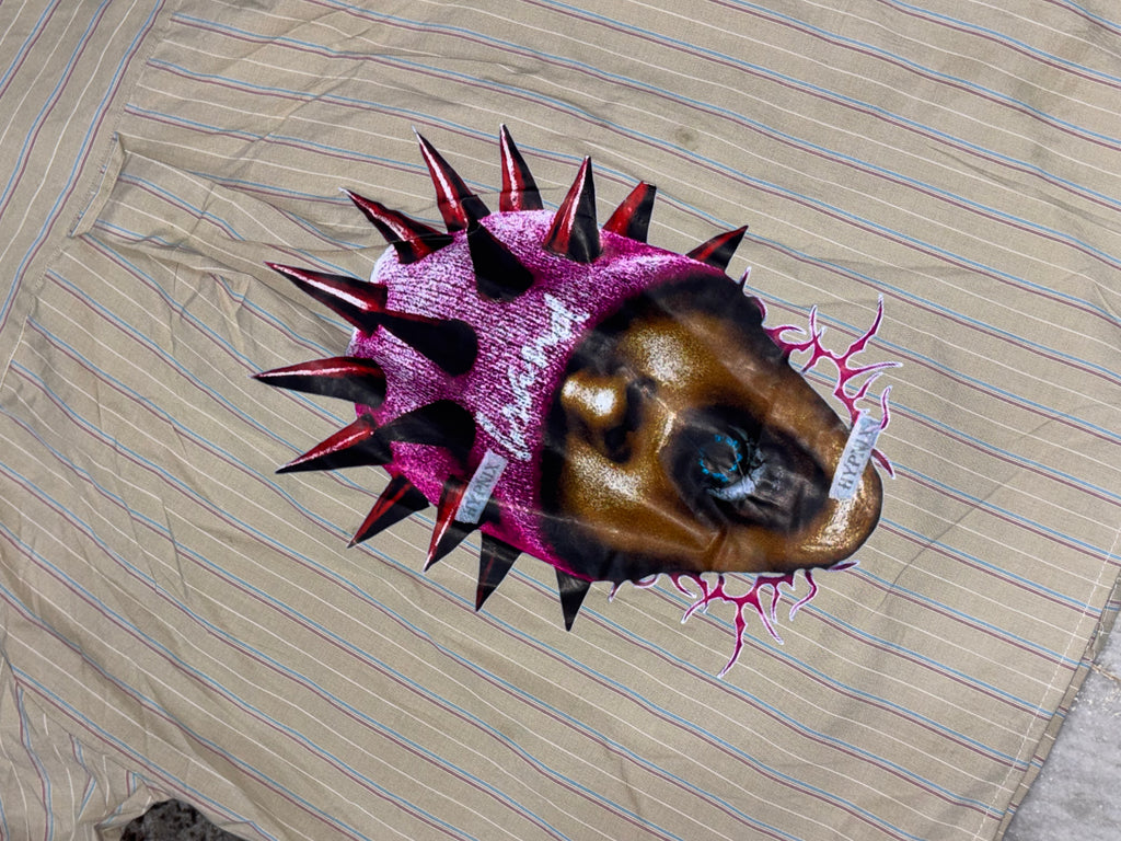 Striped Boxy Shirt with Spiked Mask Portrait Back Print