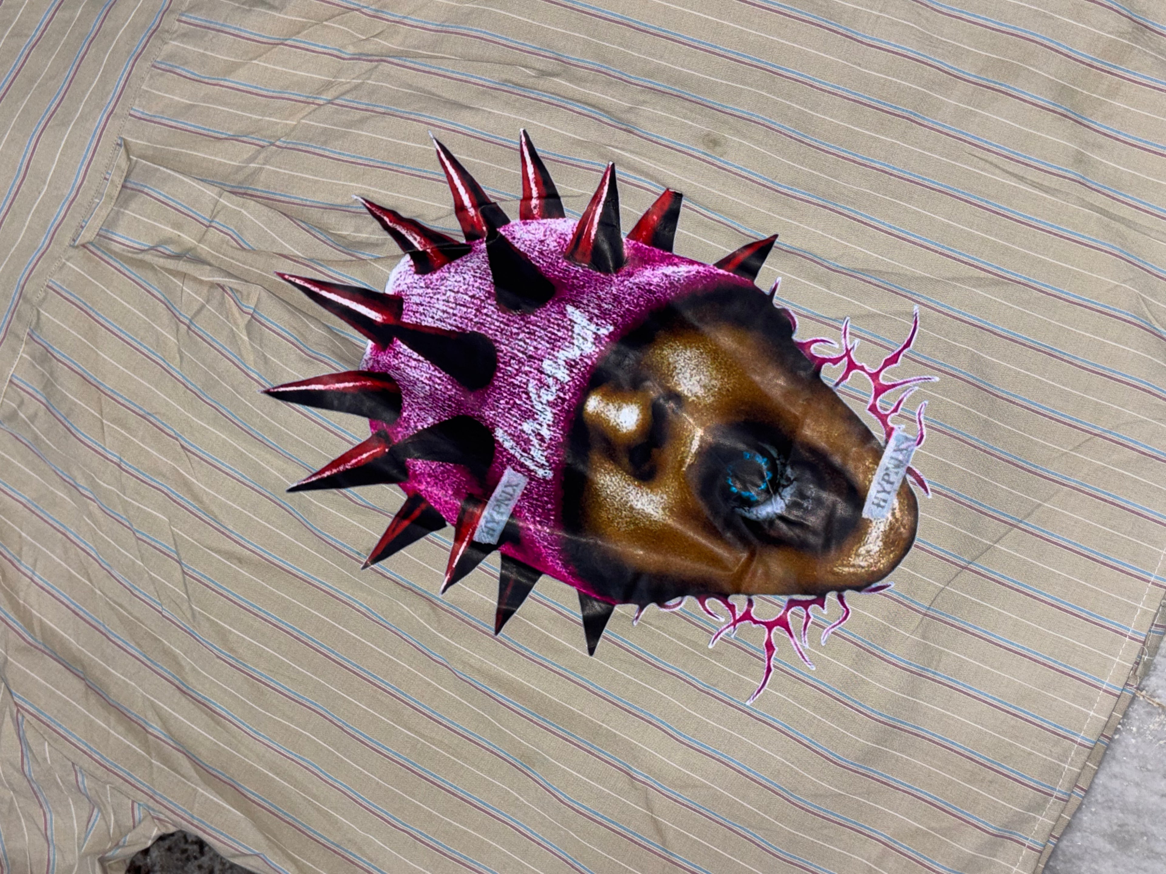 Striped Boxy Shirt with Spiked Mask Portrait Back Print