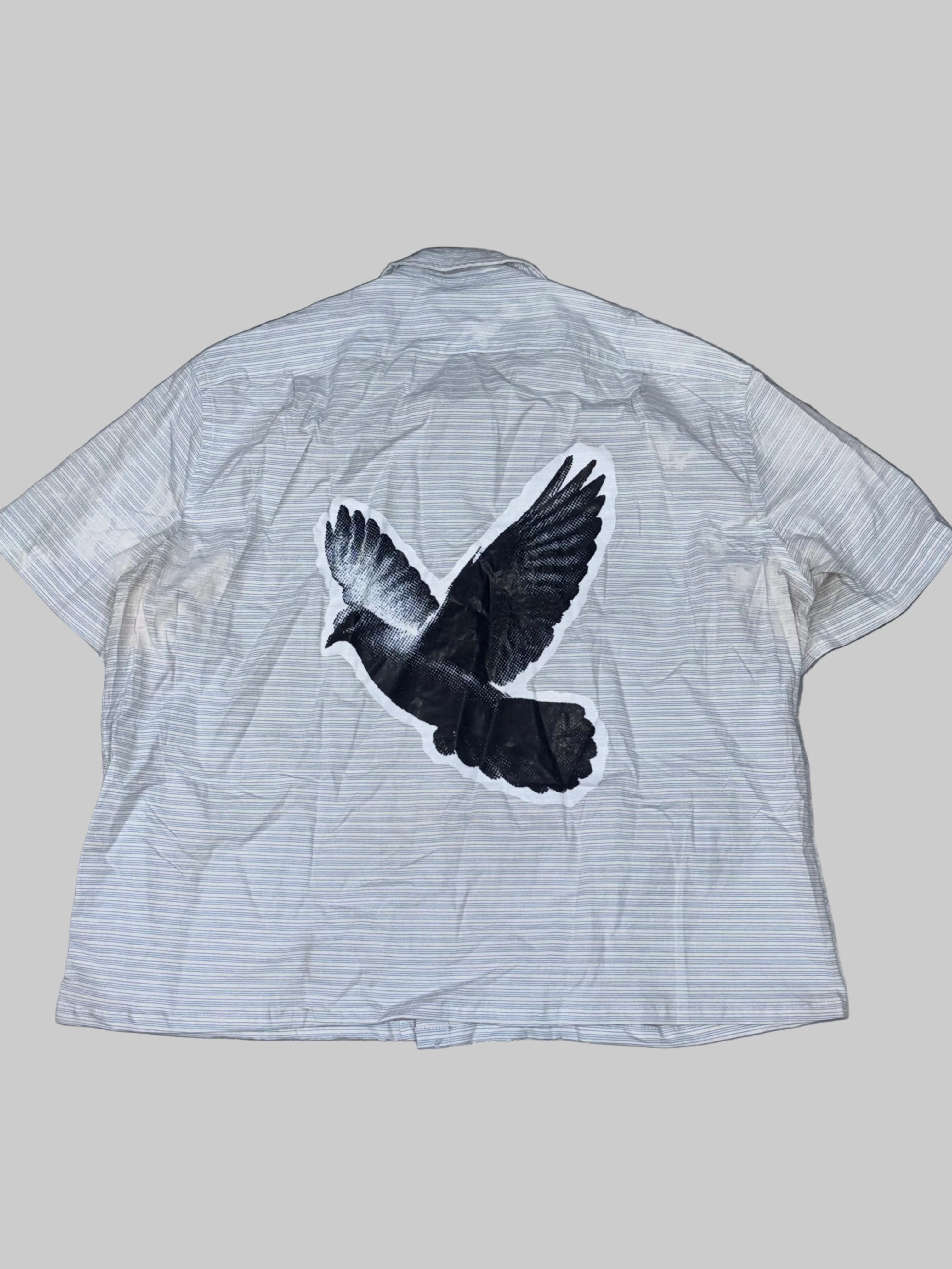 Light Striped Boxy Shirt with Flying Pigeon Back Print