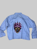 Blue Striped Boxy Shirt with Spiked Mask Back Graphic