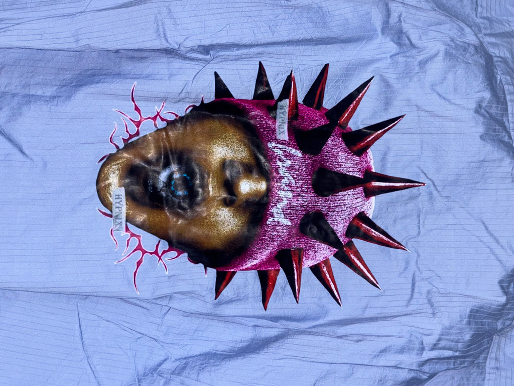 Blue Striped Boxy Shirt with Spiked Mask Back Graphic