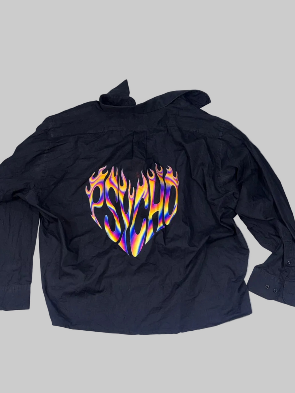Black Boxy Shirt with Liquid Holographic Flame Back Print