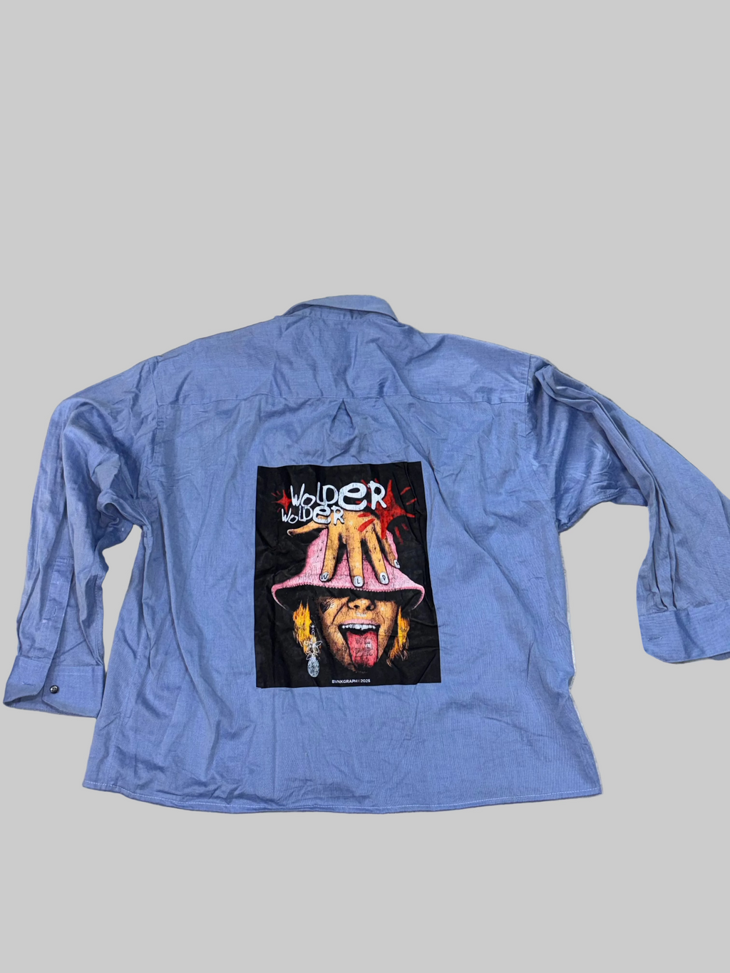 Blue Boxy Shirt with Pink Bucket Hat Portrait Back Print