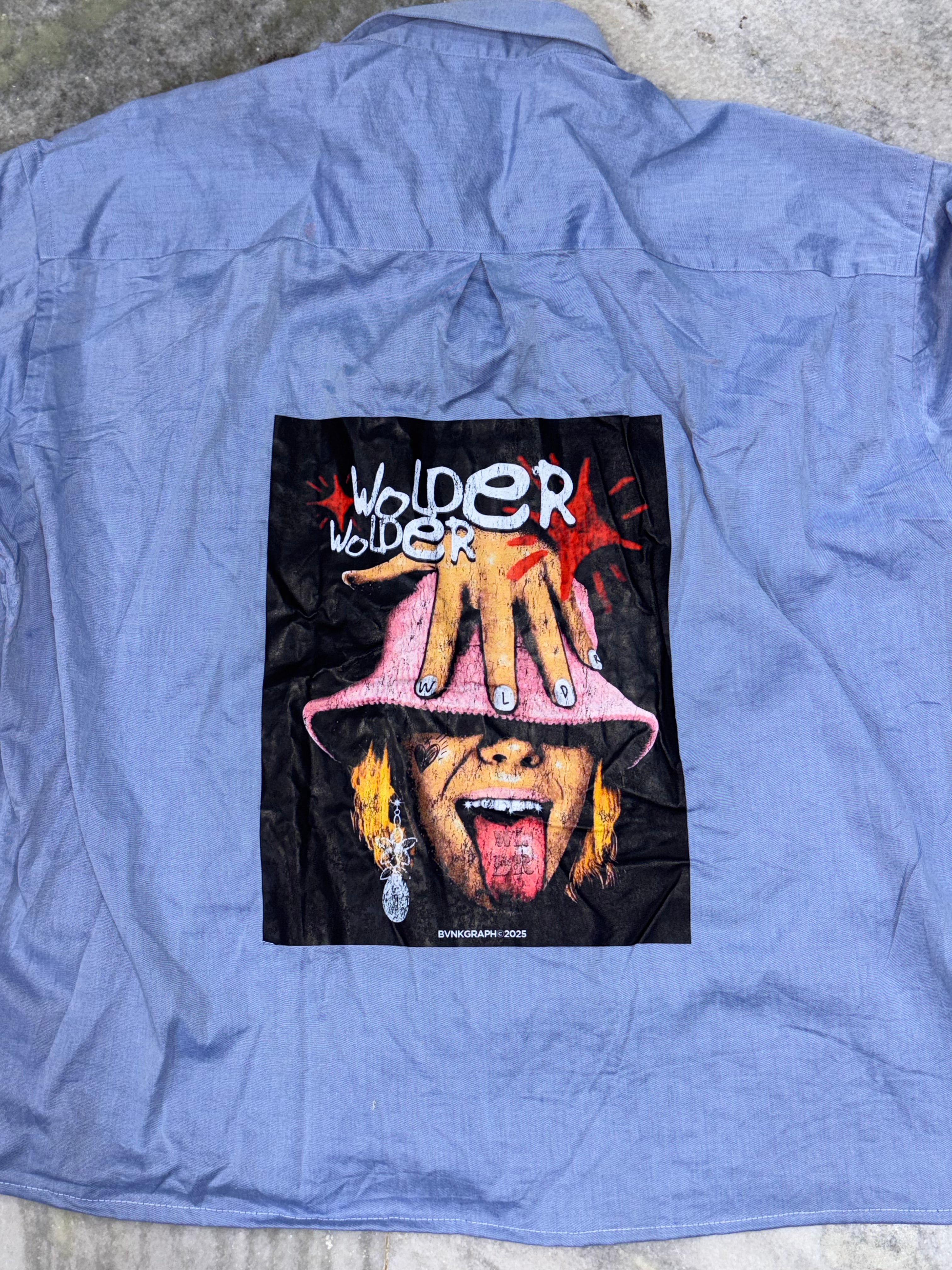 Blue Boxy Shirt with Pink Bucket Hat Portrait Back Print