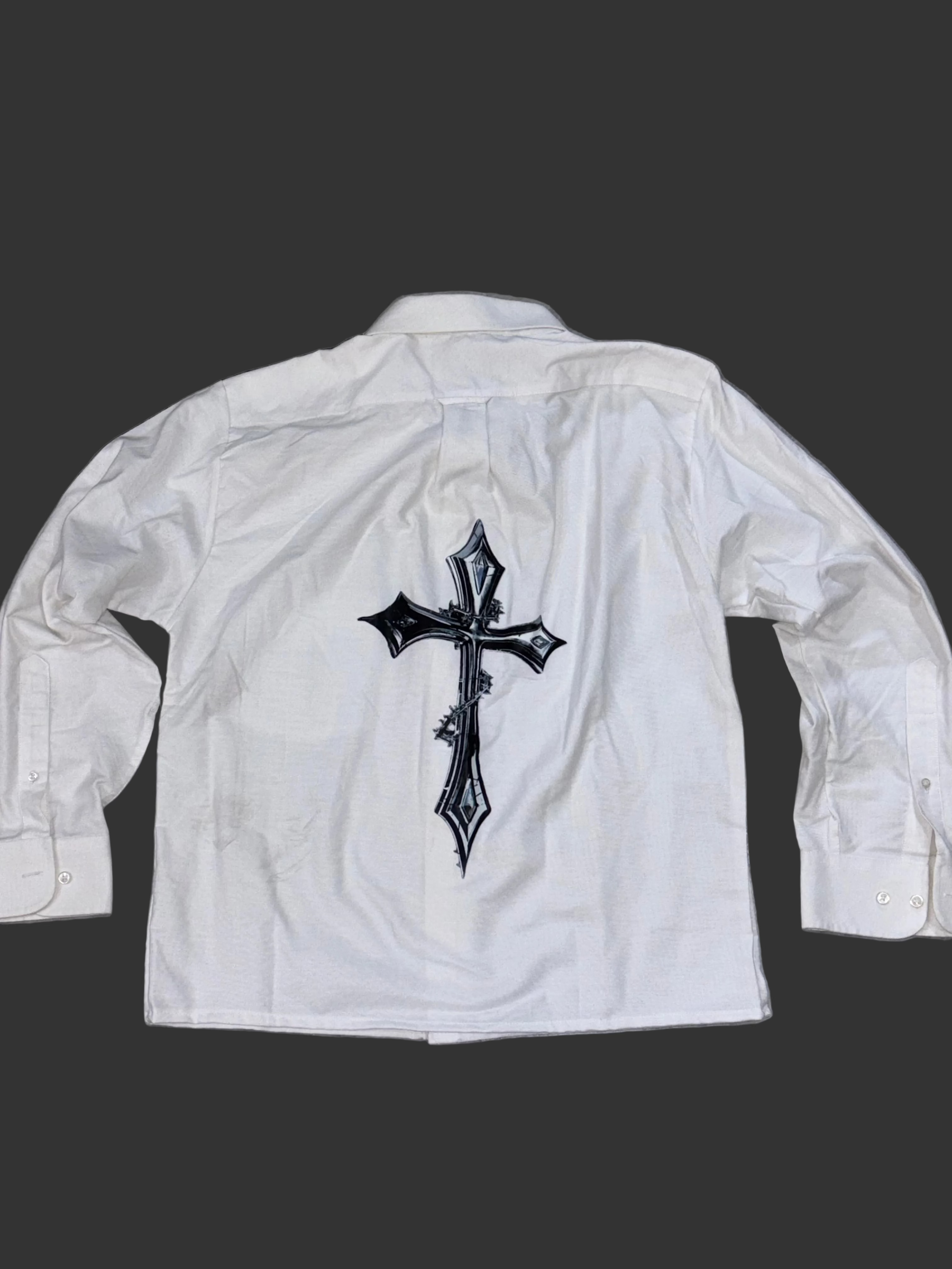 White Boxy-Fit Shirt with Gothic Cross Back Graphic