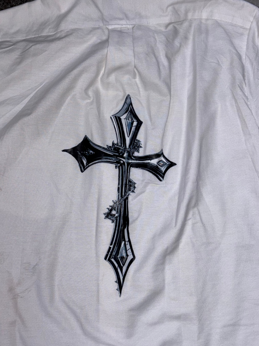 White Boxy-Fit Shirt with Gothic Cross Back Graphic