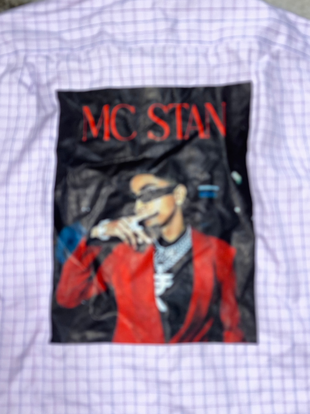 Lilac Checkered Boxy Shirt with MC Stan Portrait Back Print