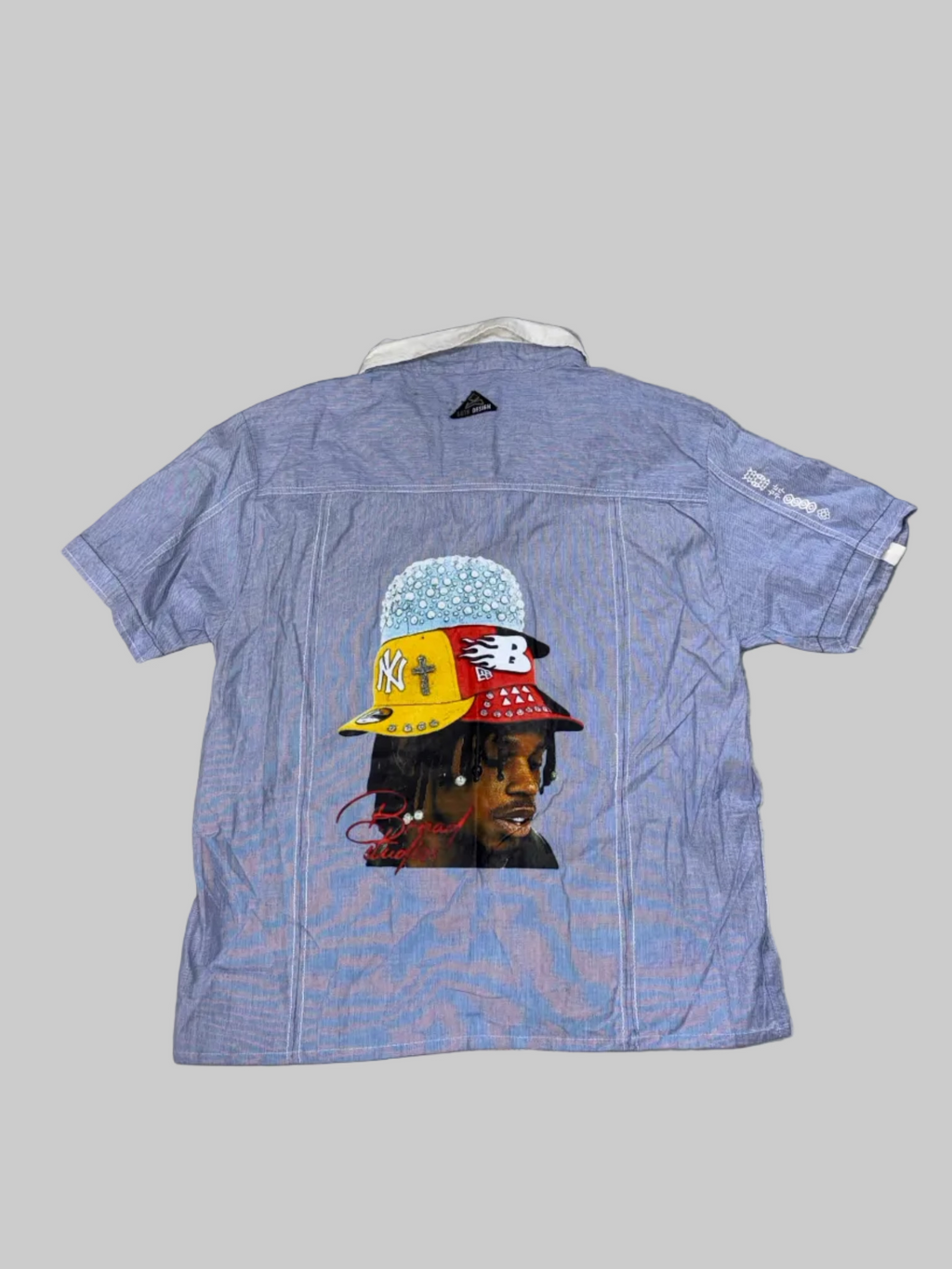 Blue Textured Boxy Shirt with Hypebeast Cap Portrait Print