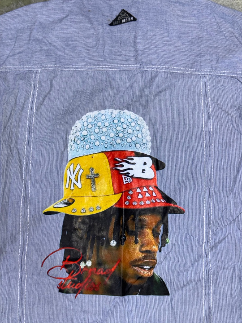 Blue Textured Boxy Shirt with Hypebeast Cap Portrait Print