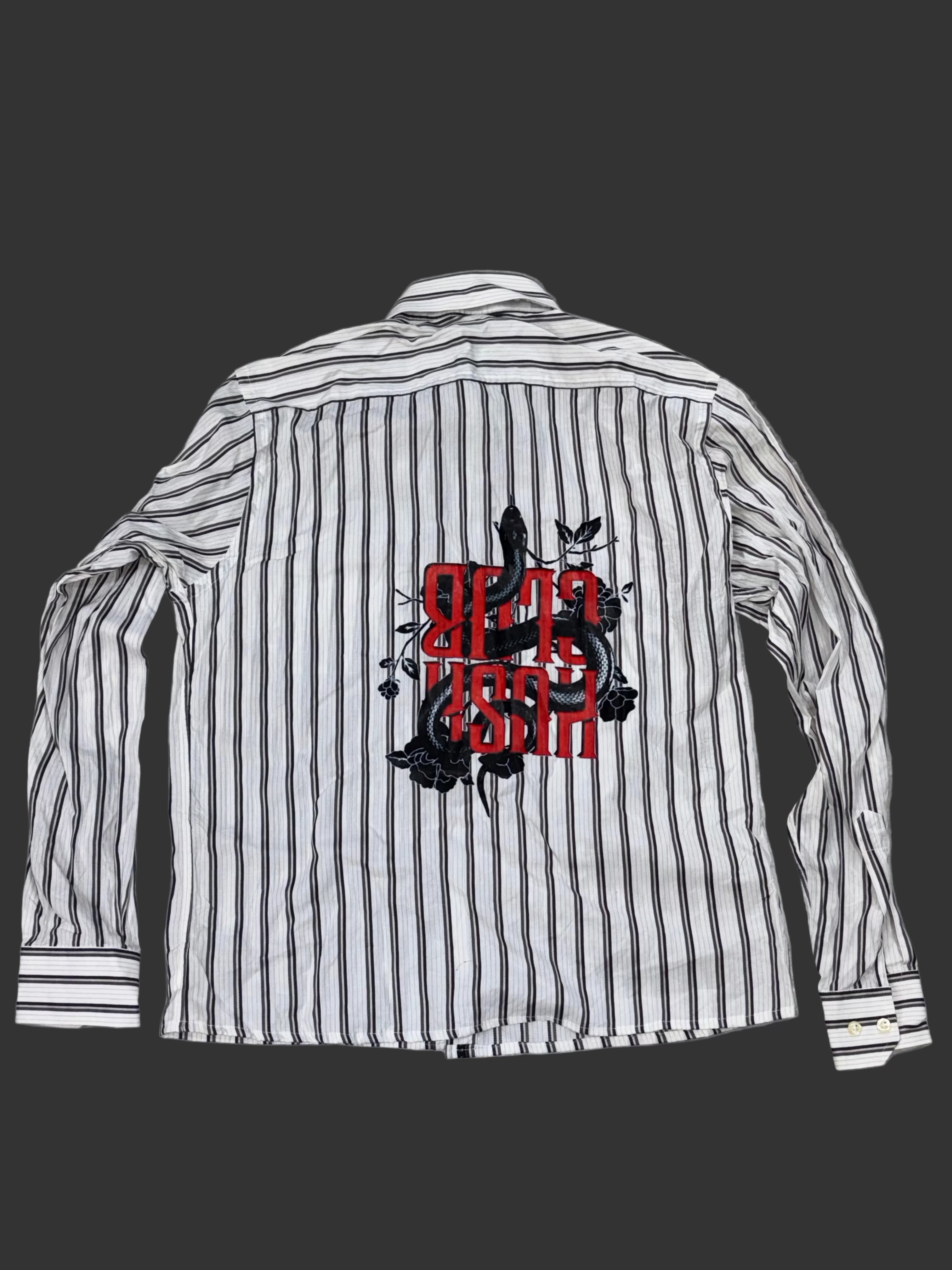 Striped Boxy Shirt with Red Text & Snake Back Embroidery/Print