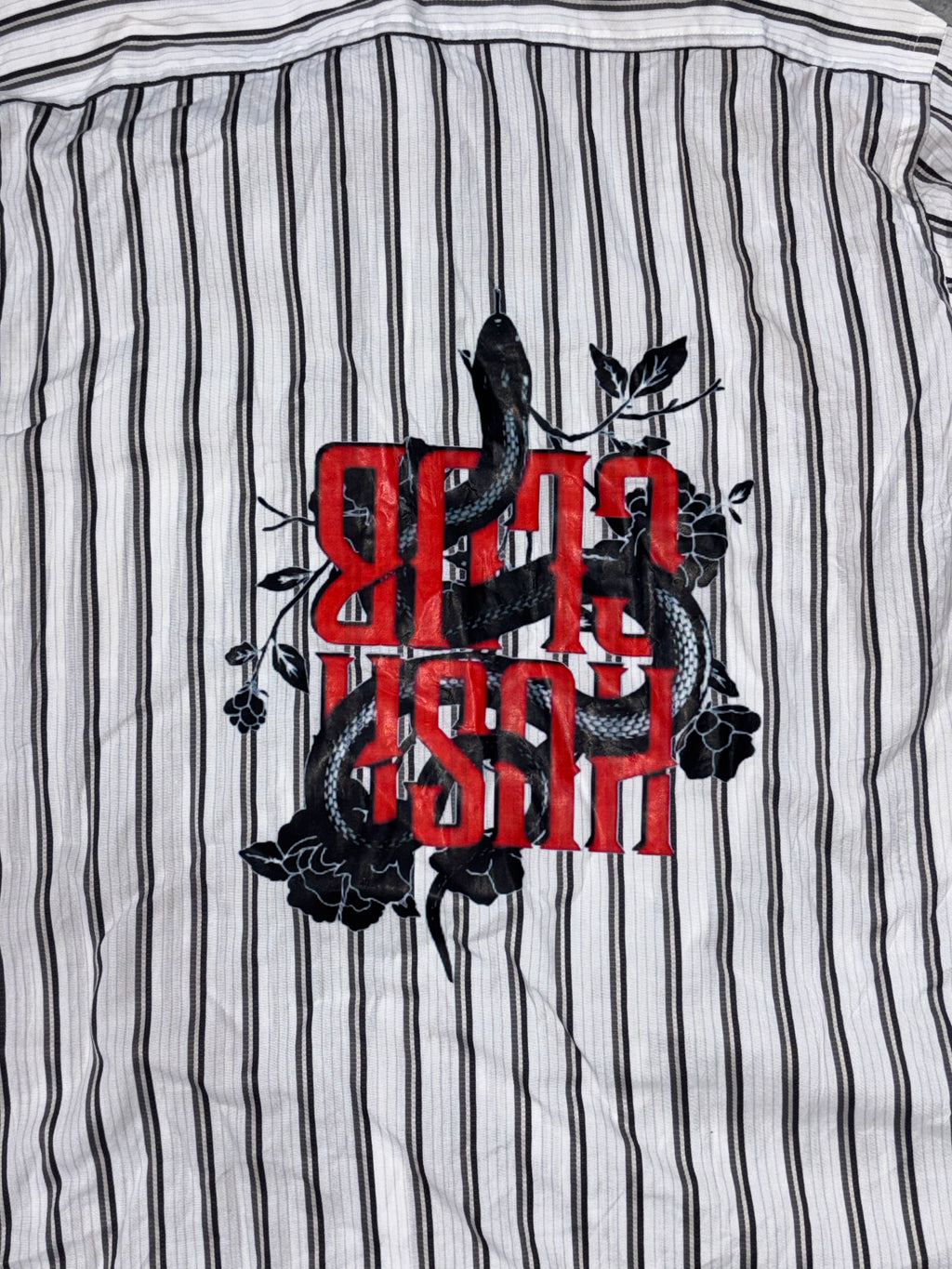 Striped Boxy Shirt with Red Text & Snake Back Embroidery/Print