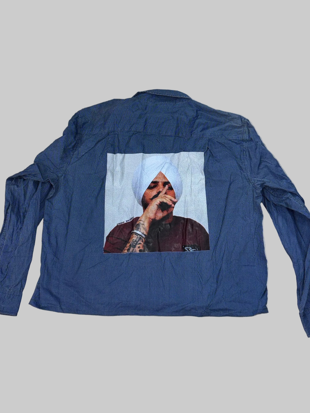 Blue Dot-Pattern Boxy Shirt with Sidhu Moose Wala Back Graphic