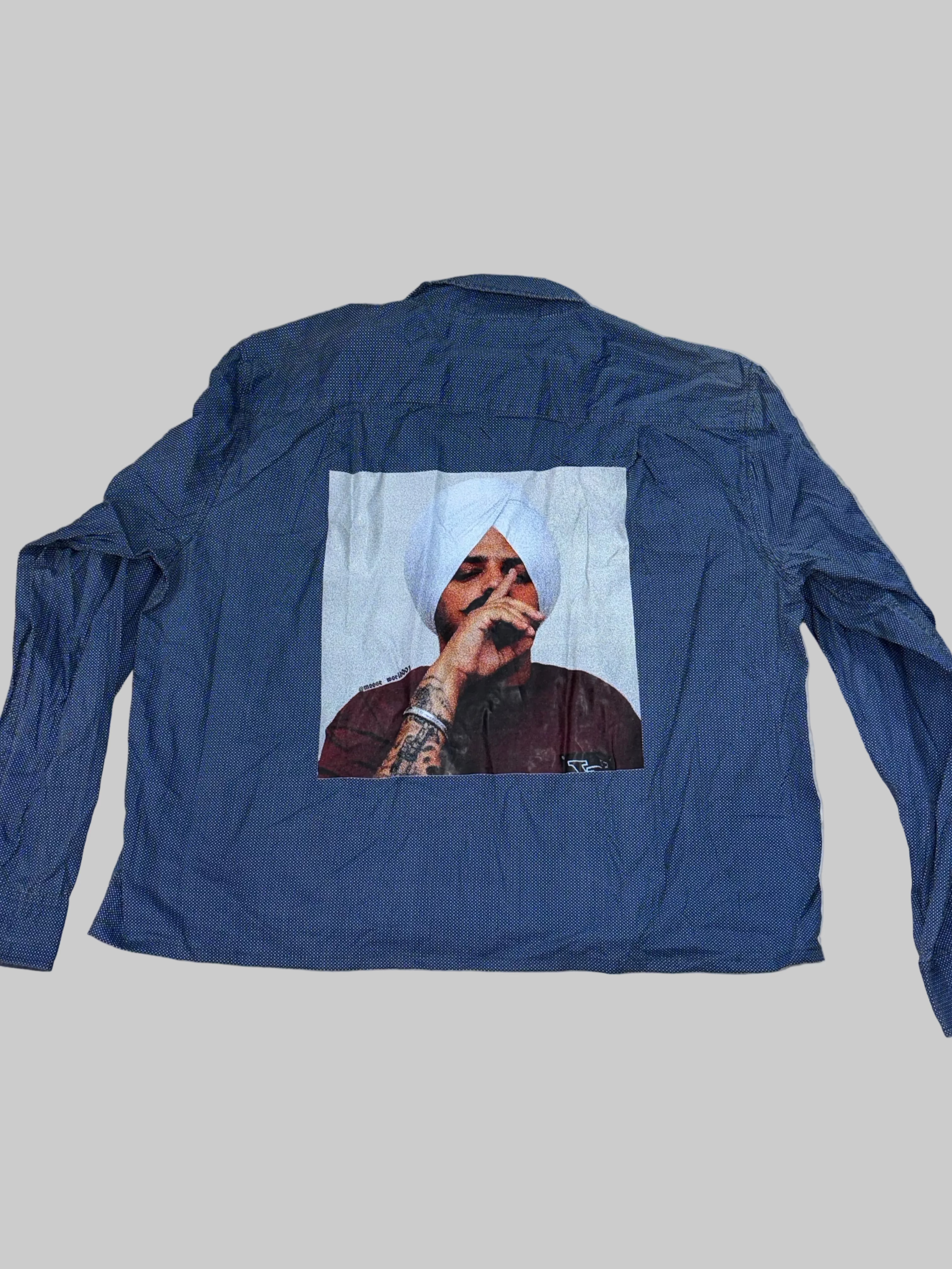 Blue Dot-Pattern Boxy Shirt with Sidhu Moose Wala Back Graphic
