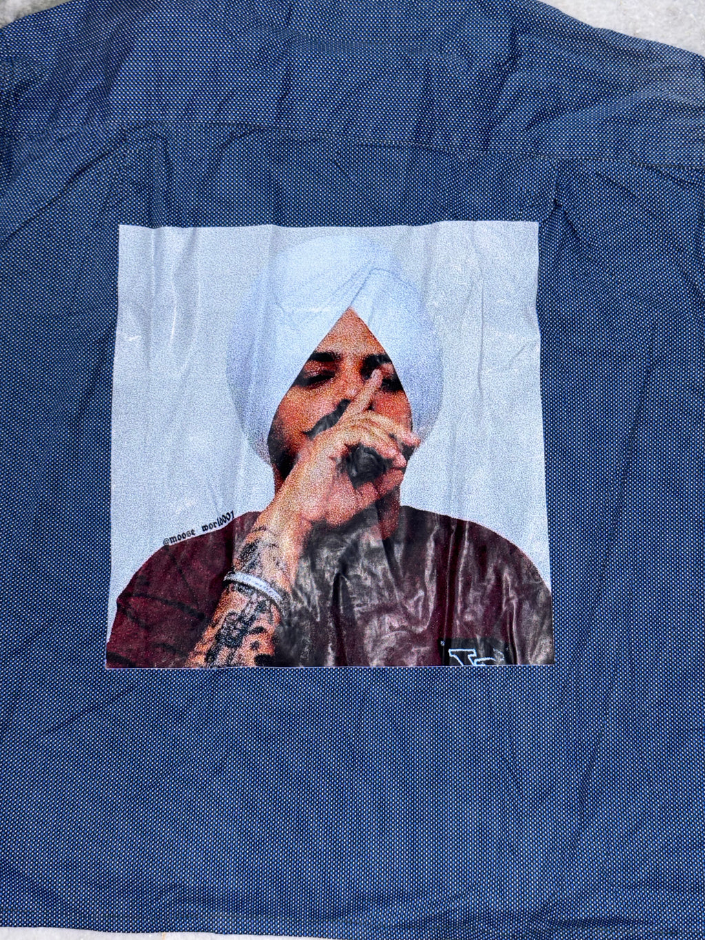 Blue Dot-Pattern Boxy Shirt with Sidhu Moose Wala Back Graphic