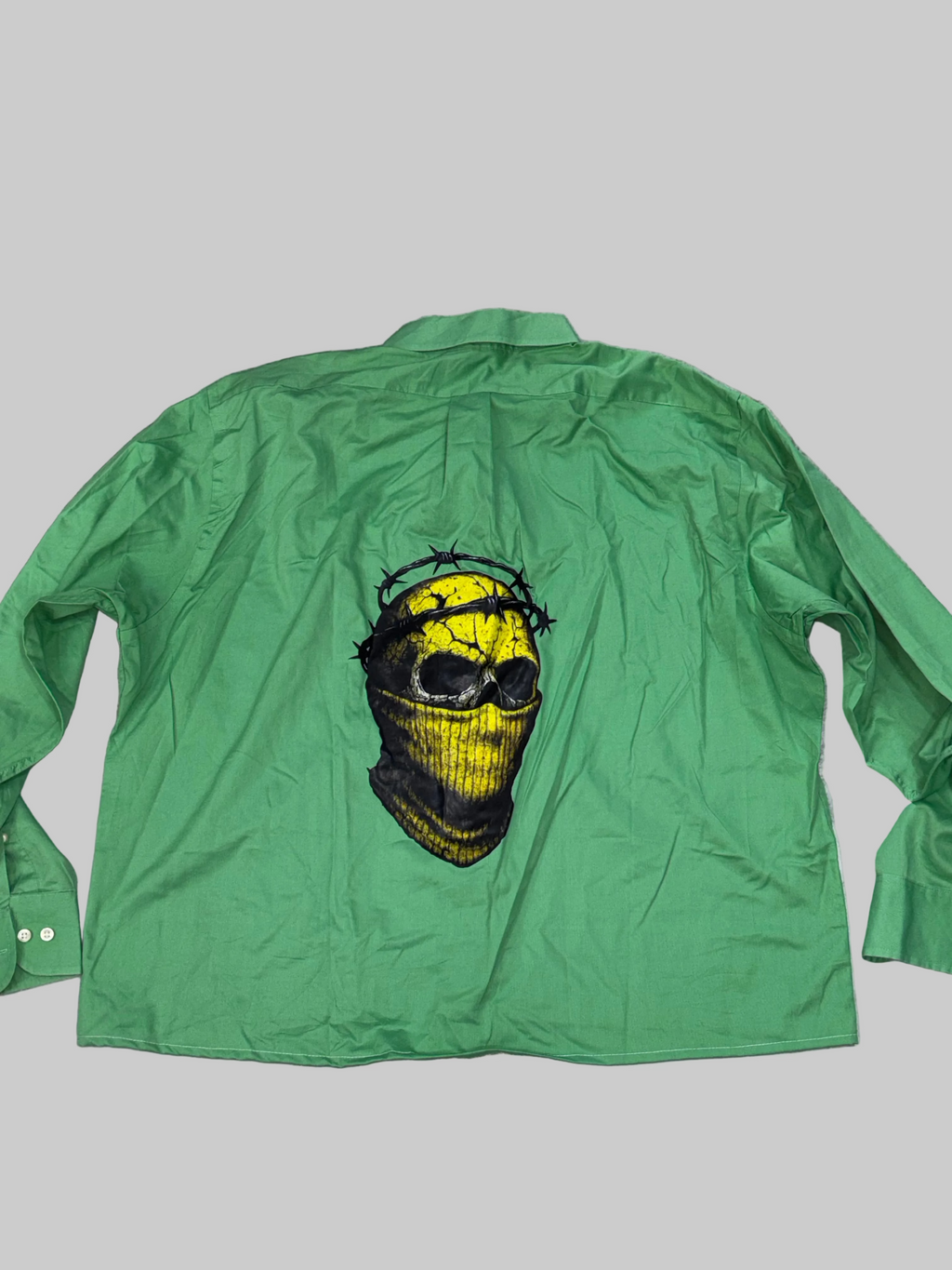 Green Boxy Shirt with Barbed Wire Skull Back Print