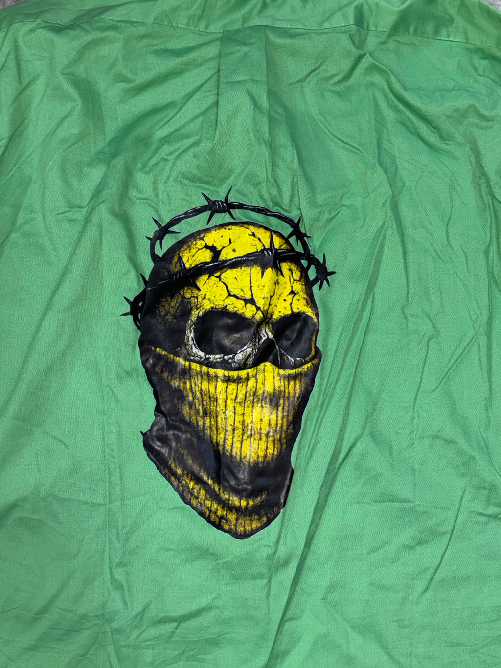 Green Boxy Shirt with Barbed Wire Skull Back Print