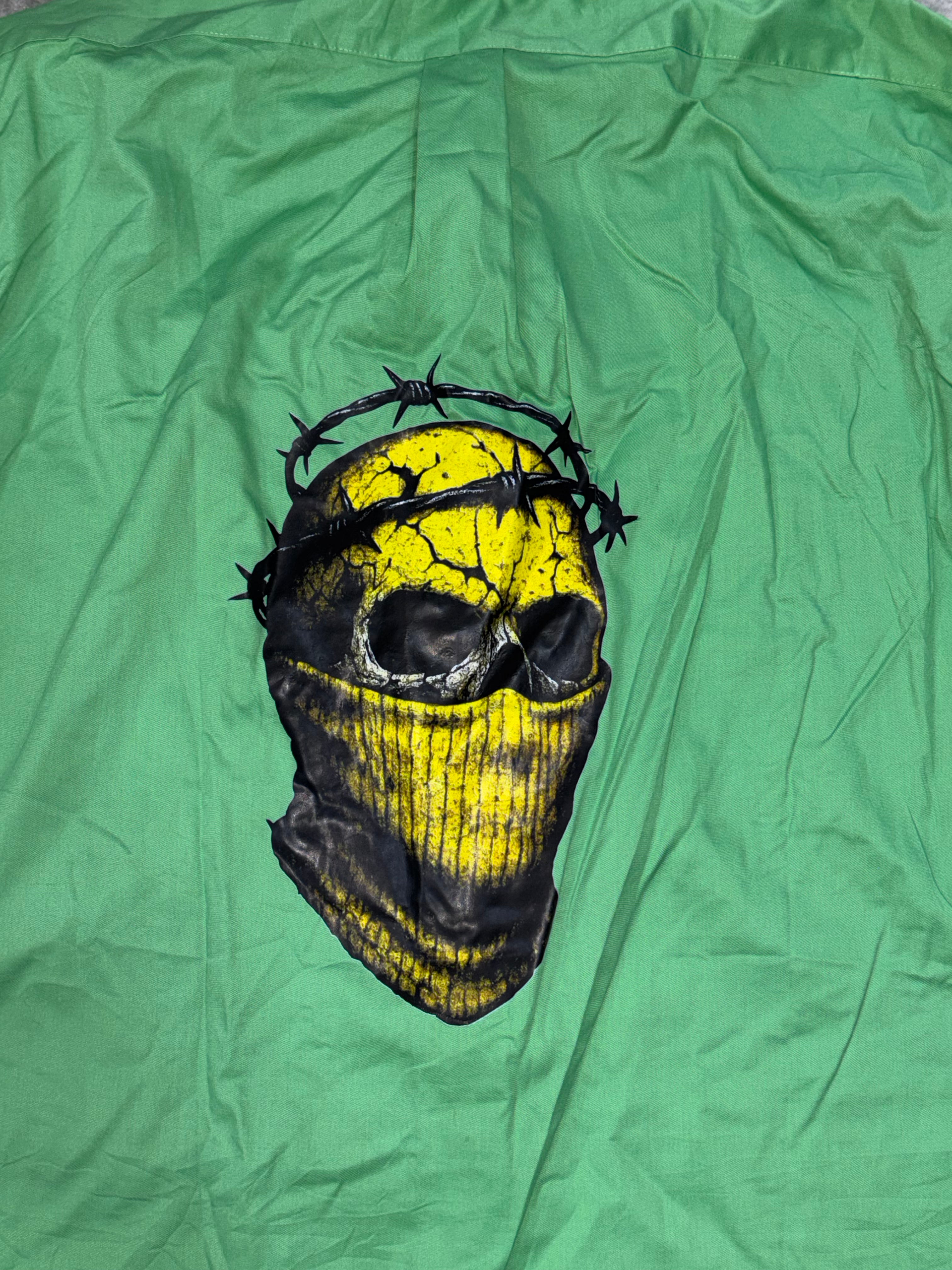 Green Boxy Shirt with Barbed Wire Skull Back Print