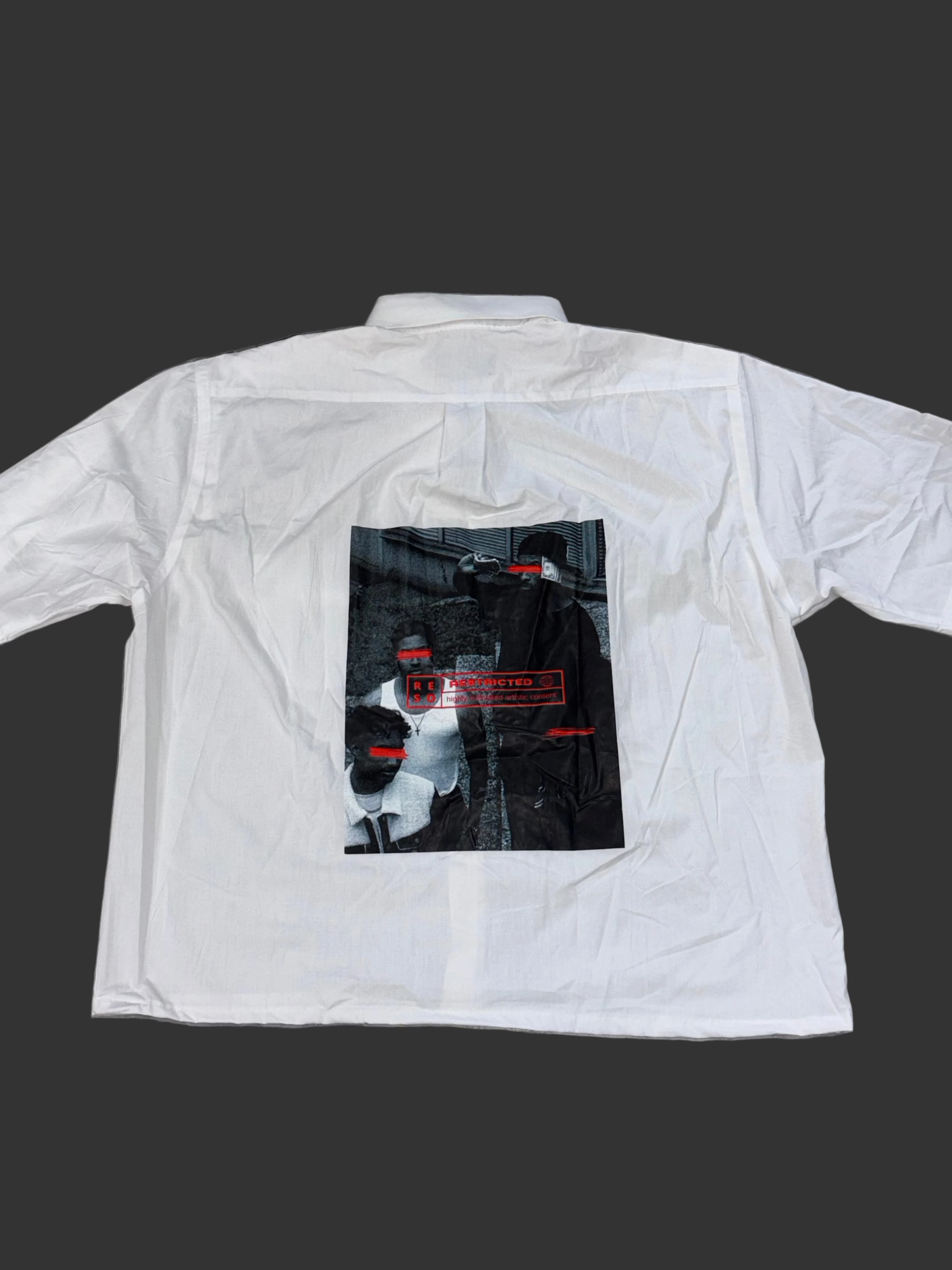 White Boxy Shirt with 'Restricted' Censored Back Graphic