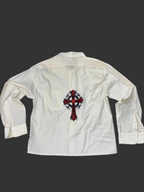 Off-White Vintage Boxy Shirt with Ornate Red Cross Back Print