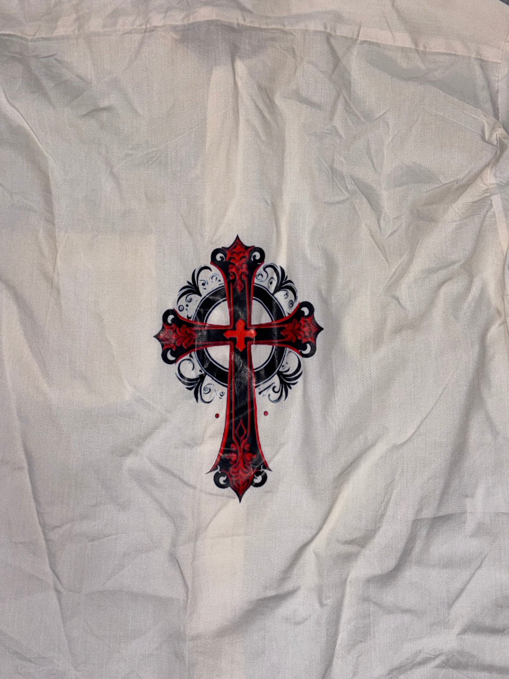 Off-White Vintage Boxy Shirt with Ornate Red Cross Back Print