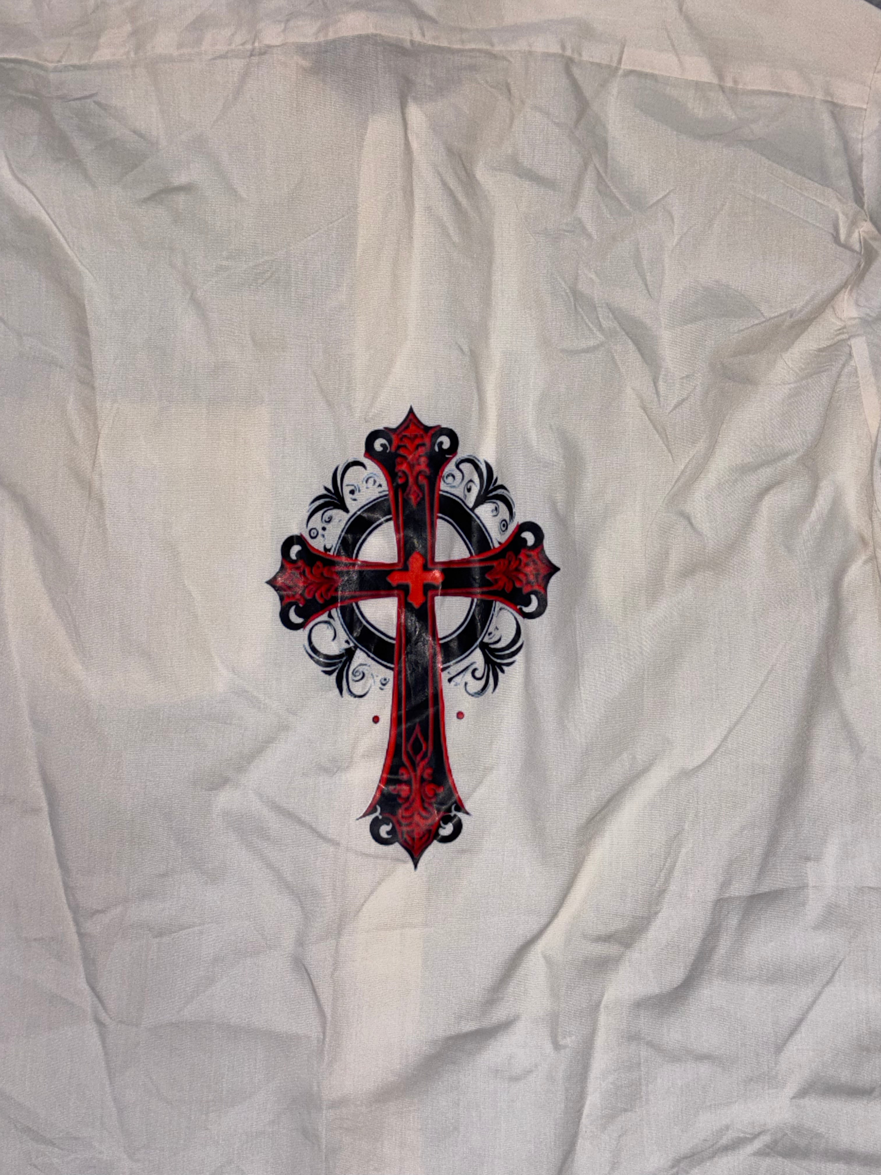 Off-White Vintage Boxy Shirt with Ornate Red Cross Back Print