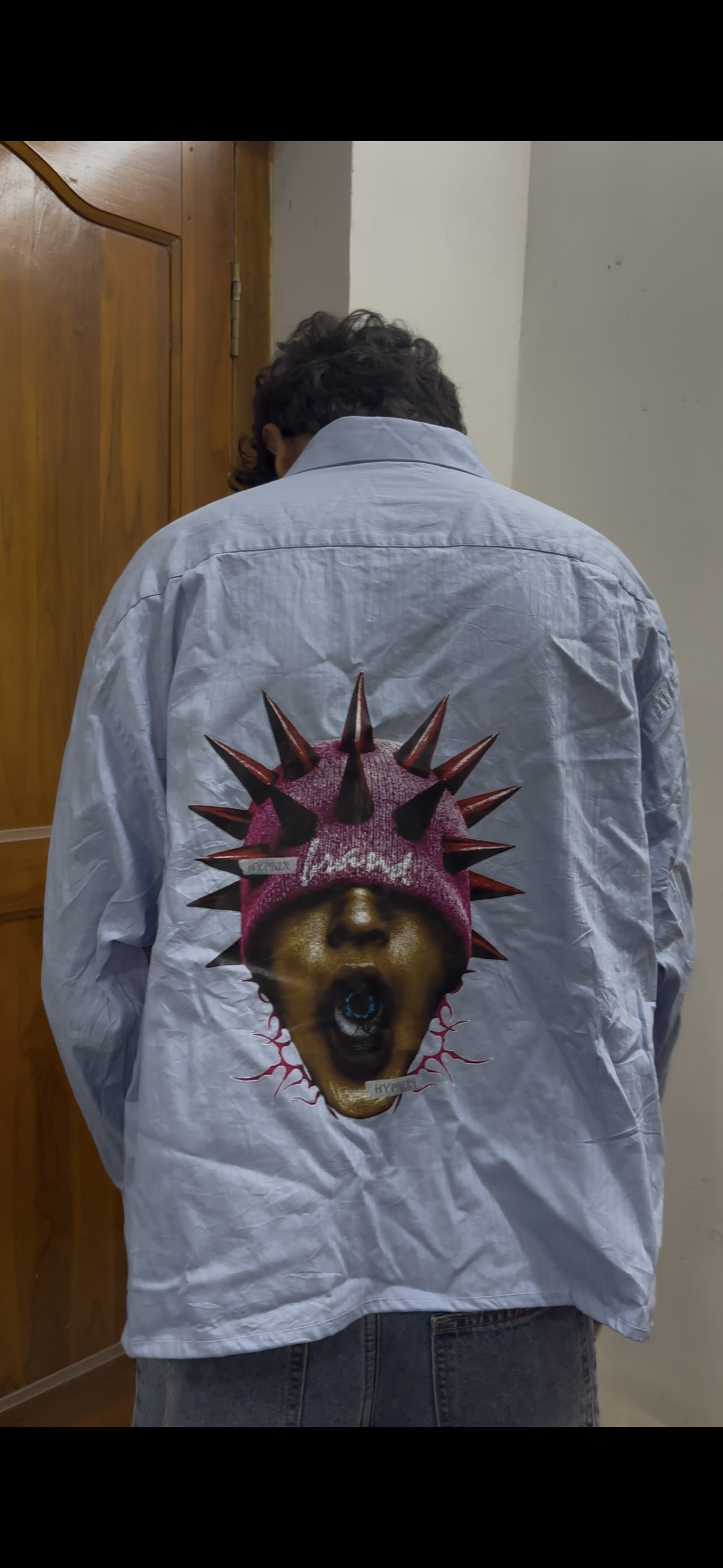 Blue Striped Boxy Shirt with Spiked Mask Back Graphic