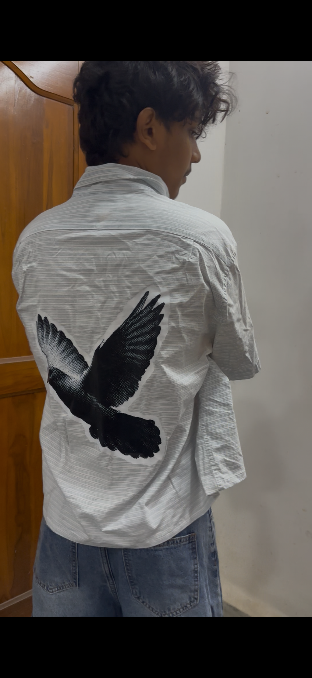 Light Striped Boxy Shirt with Flying Pigeon Back Print