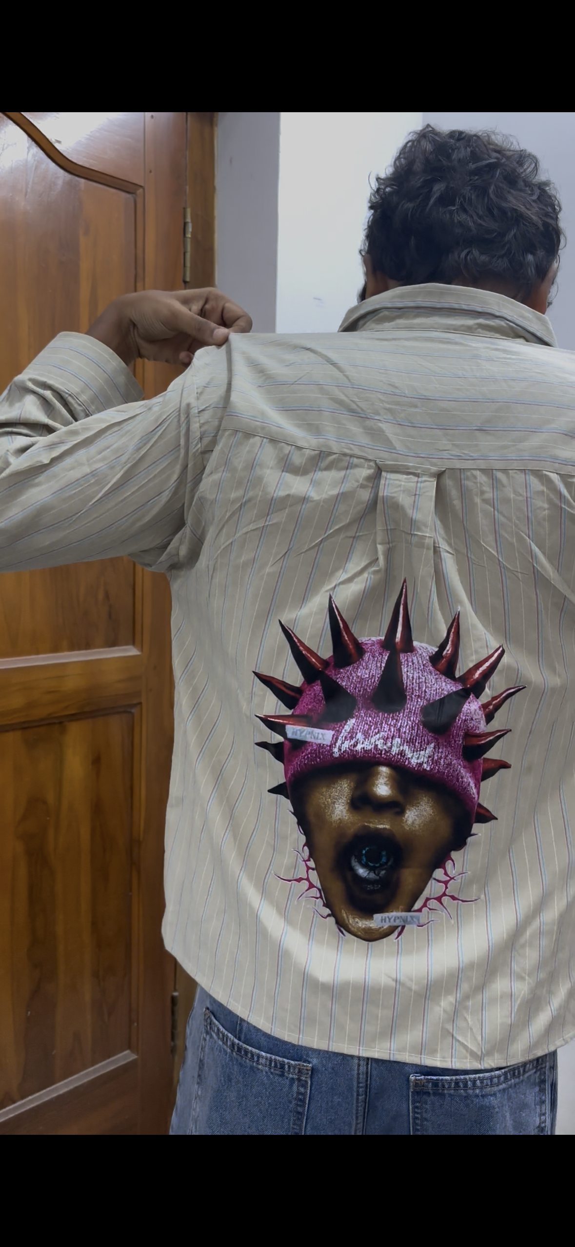 Striped Boxy Shirt with Spiked Mask Portrait Back Print