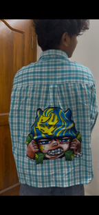 Teal Checkered Boxy Shirt with Money Graffiti Back Print