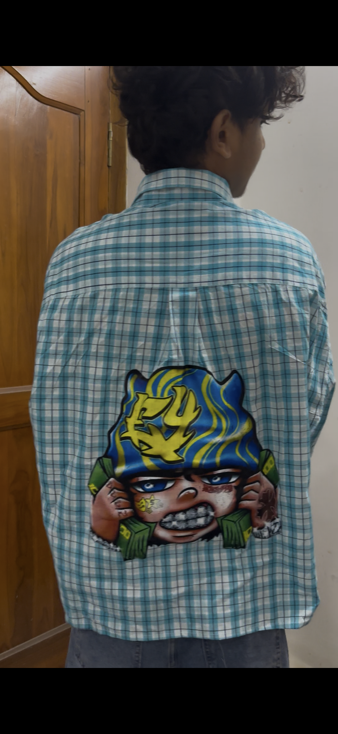 Teal Checkered Boxy Shirt with Money Graffiti Back Print