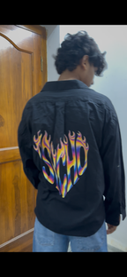 Black Boxy Shirt with Liquid Holographic Flame Back Print