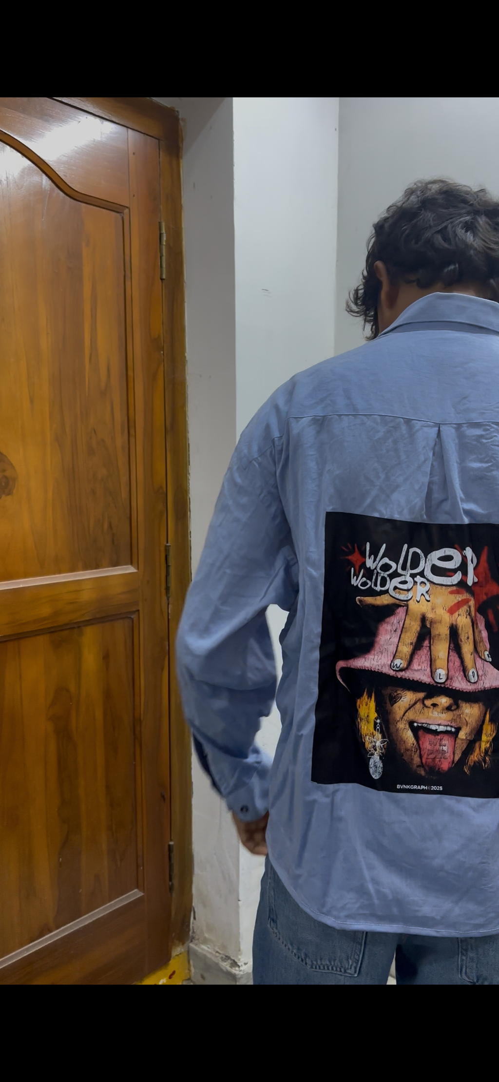 Blue Boxy Shirt with Pink Bucket Hat Portrait Back Print