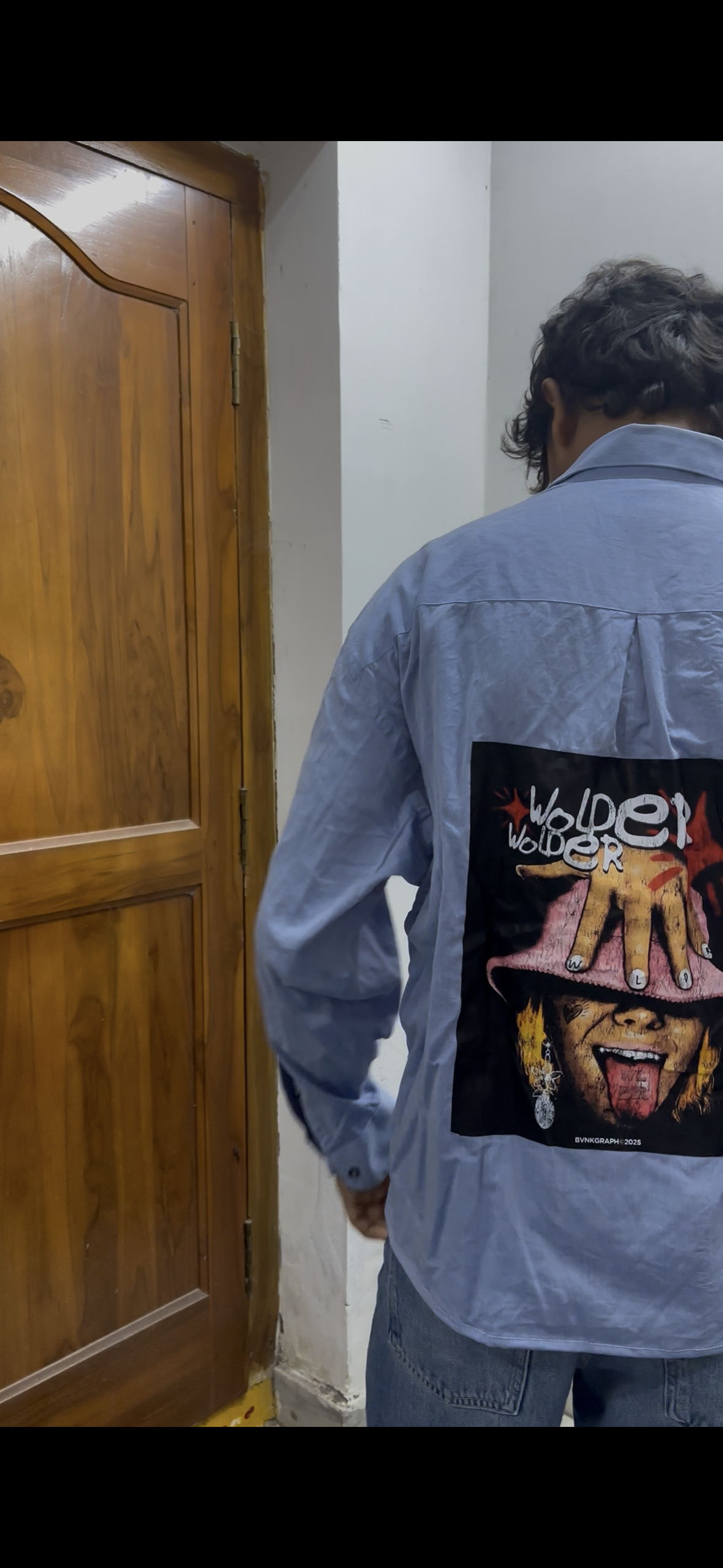 Blue Boxy Shirt with Pink Bucket Hat Portrait Back Print