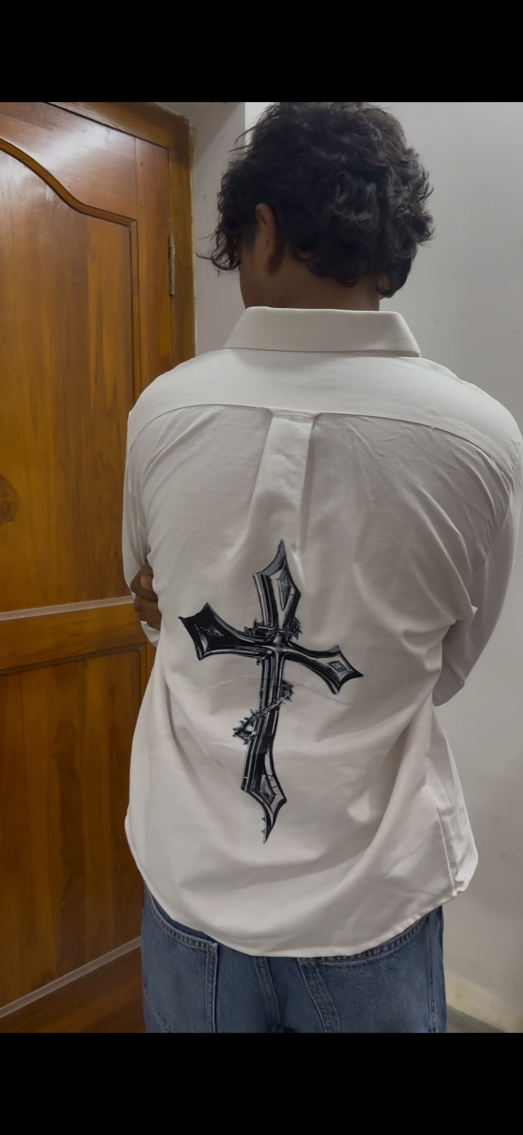 White Boxy-Fit Shirt with Gothic Cross Back Graphic