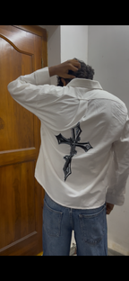 White Boxy-Fit Shirt with Gothic Cross Back Graphic