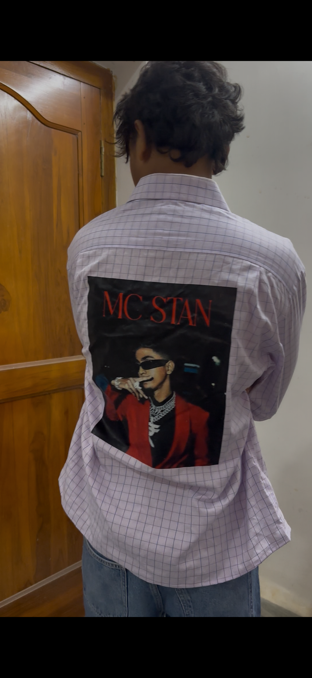 Lilac Checkered Boxy Shirt with MC Stan Portrait Back Print