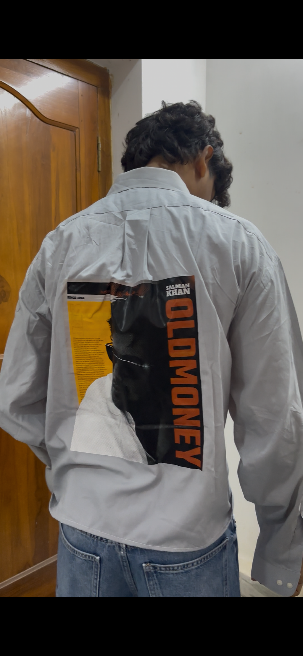 Grey Striped Boxy Shirt with 'Old Money' Back Graphic