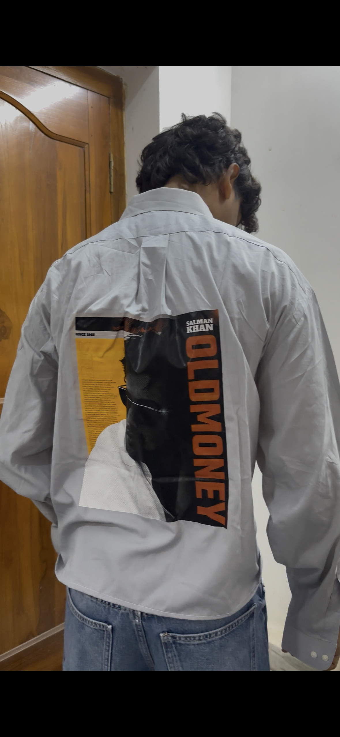 Grey Striped Boxy Shirt with 'Old Money' Back Graphic